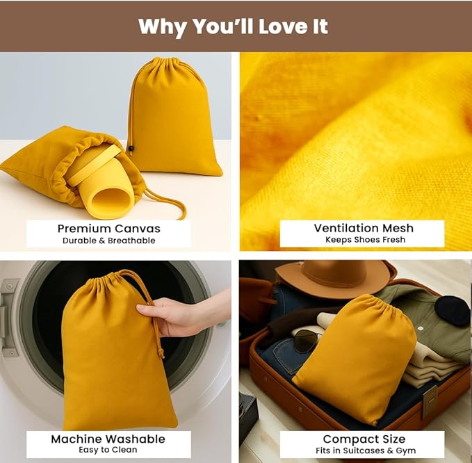 LFH Cotton Rich Shoe Storage Bags with Drawstring, Dustproof Breathable Reusable Organizer, Perfect For Travel, Dorm, Hotel, College, Gym, Easy to Carry, Machine Washable 12"x17" (Pack of 4) - Golden