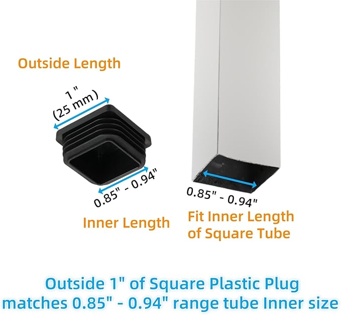 1" Square Tube End Cap Plastic Plugs Chair End Caps 1 Inch (25mm), 1X1 Tubing Plugs Furniture Sliders Glides Black (Fit 0.85-0.94" Square Tube Inner Size, 40pack)