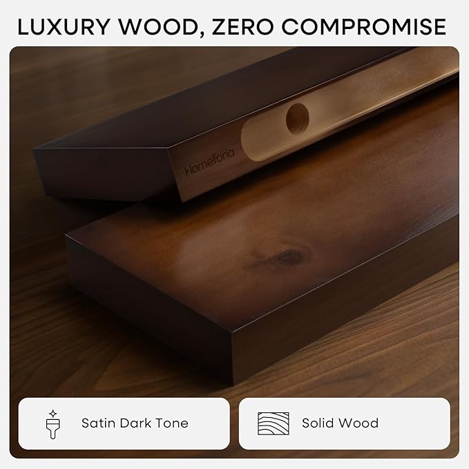 Homeforia 24inch Walnut Floating Shelves for Wall, High End Solid Real Wood 24in Floating Shelf for Bathroom, Dark Brown 24 inch Long Floating Shelves, Heavy Duty Bracket, 24 X 6.5 X 1.75 in, Set of 4