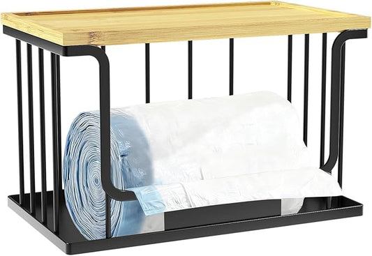 1 Pack Trash Bag Holder, Stackable Garbage Bag Dispenser Under Sink with Bamboo Top & Metal Base for Kitchen Countertop Organization and Storage, Laundry, Pantry Organizer (Black, 11.2" × 6.7" × 7.1")