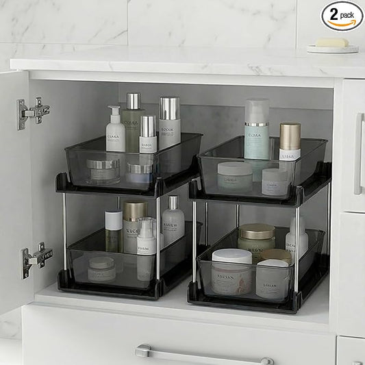 2 Pack 2 Tire Under Sink Organizer, Bathroom Organizers and Storage,Cabinet Drawers Bins, Pull-Out Organization with Track for Pantry, Kitchen,Fridge,Vanity Countertop (Black Clear