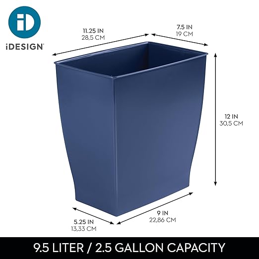 iDesign Small Plastic Bathroom Trash Can, Slim Rectangle Garbage Bin for Bedroom, Office, Dorm, Navy Blue