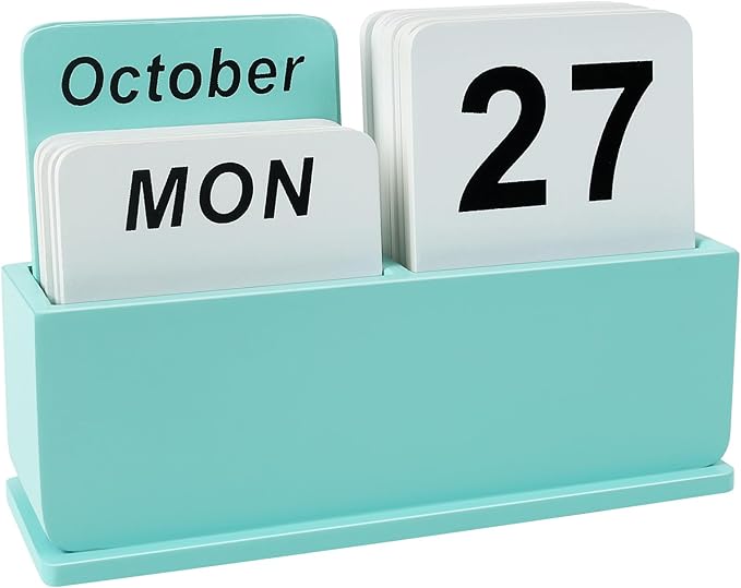 Wooden Block Perpetual Calendar for Desk, Daily Desktop Standing Flip Calendar with Large Display, Modern Farmhouse Aesthetic Desk Accessories for Home Office Decor, Reusable Yearly, Green