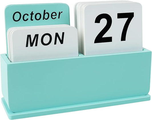 Wooden Block Perpetual Calendar for Desk, Daily Desktop Standing Flip Calendar with Large Display, Modern Farmhouse Aesthetic Desk Accessories for Home Office Decor, Reusable Yearly, Green