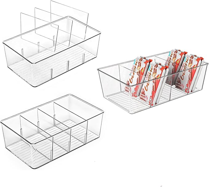 3 Pack Pantry Organizers,Clear Plastic Organizer Bins for Kitchen,Fridge,Drawer Organization and Storage, 4 compartment Snack Containers for Spice Packets,Tea bag