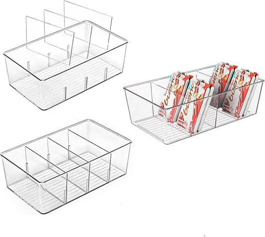 3 Pack Pantry Organizers,Clear Plastic Organizer Bins for Kitchen,Fridge,Drawer Organization and Storage, 4 compartment Snack Containers for Spice Packets,Tea bag