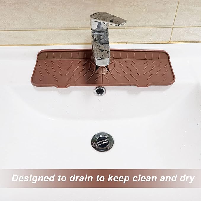 OUKENS Sponge Holder for Kitchen Sink, Silicone Faucet Mat for Kitchen Sink - Reusable Splash Guard & Drip Catcher Tray, Washable Countertop Water Absorbent Mat for Bathroom, RV (Brown)