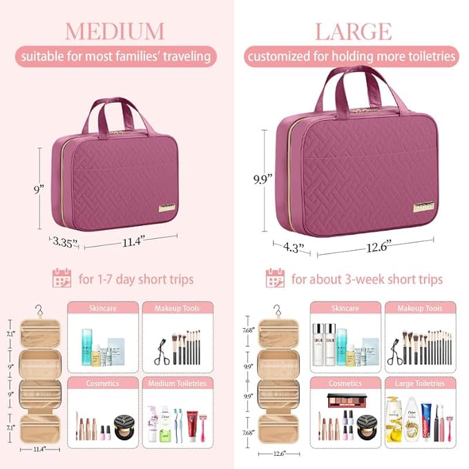 HOTOR Travel Toiletry Bag - Hanging Toiletry Bag for Women & Men, Makeup Bag/Big Compartment, Waterproof for Travel Accessories, Travel Essentials, Medium, Rosewood-Pink