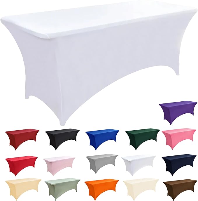 ZarzaaSik 10-Pack 8ft White Spandex Table Covers for Rectangle Folding Tables - Washable Elastic Tablecloth - Ultimate Fitted Table Protector for Parties, Trade Shows, Banquet, and Wedding