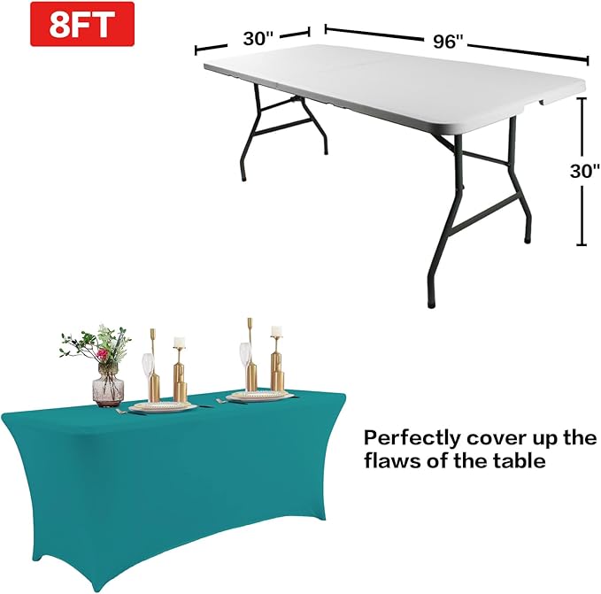 IVAPUPU 2 Pack 8FT Table Cloth for Rectangular Fitted Events Stretch Lake Blue Table Covers Washable Table Cover Spandex Tablecloth Table Protector for Party, Wedding, Cocktail, Banquet, Festival