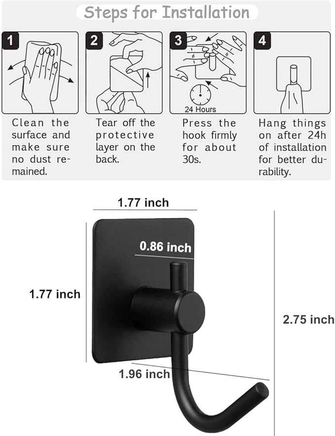 Sticky Hooks for Hanging, 6-Pack Adhesive Wall Hooks No Drilling Stainless Steel Towel Hook for Walls No Damage, Self Adhesive Hook for Bathroom Kitchen Office, Black
