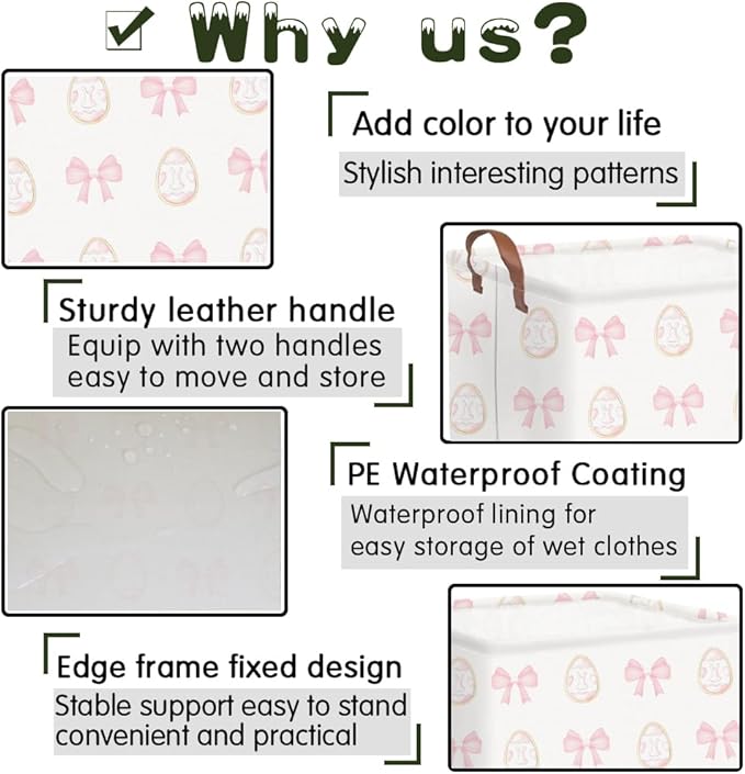 FXOLCSHE Rectangular Easter basket,Nursery Hamper,Collapsible waterproof baby toy storage box for Kids,Toy Organizer,Home Decor,Easter gift basket(Pink bow egg)