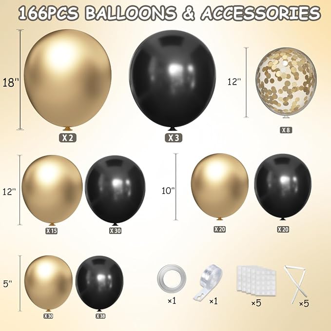 MEBAY Black Gold Silver Balloon Garland Arch Kit, 166Pcs 5 10 12 18 inch Latex Balloons with Gold Confetti for 2025 New Year Graduation Wedding Birthday Party Decoration