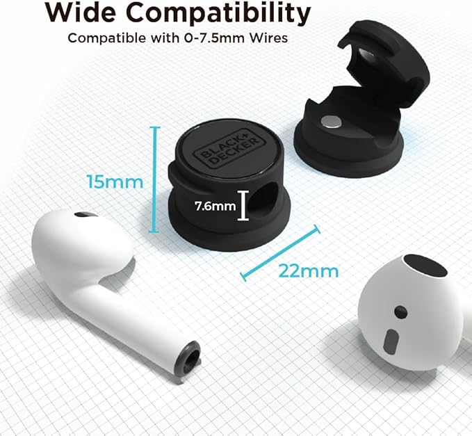 BLACK+DECKER Magnetic Cord Organizer Holder, 6 Pack Magnetic Cable Clips, Under Desk Cable Management, Strong Adhesive Cord Holder for Nightstand Kitchen Appliances Car Wall Office (Black)