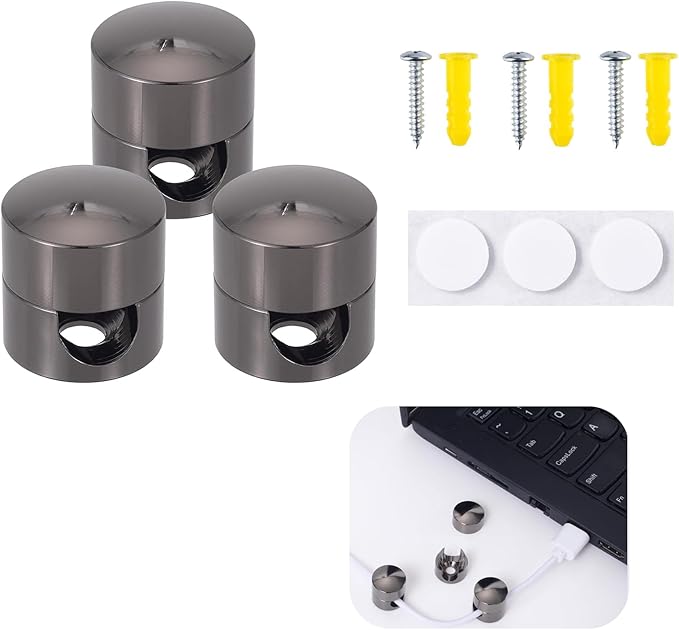 3 Sets Charger Cord Holder, Glossy Black Metal Adhesive Cable Management Clips,Adjustable Cable Anchor Holders,Wire Organizer for Desk, Wall, Home, Office