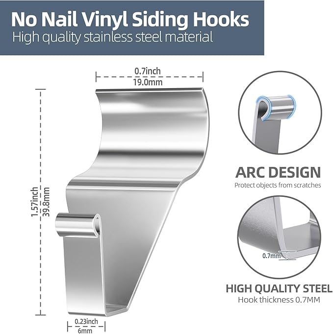 Antimbee Heavy-Duty Stainless Steel Siding Hooks, 20 Pack Vinyl Siding Hooks Hanger, No-Hole Siding Hanging Hanger for Hanging on Patio, Vinyl Siding Clips Applicable to Outdoor or Holiday Decoration