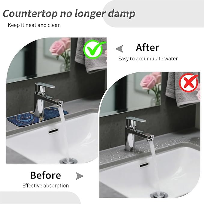 Kitchen Sink Splash Guard, Dark blue gold marble Faucet Mat Sink Gadgets - Super Absorbent Fast Drying Mat Drip Catcher for Kitchen, Bathroom, Sink Mat, Dish Drying Mat, Bathroom (15" X 5.5")