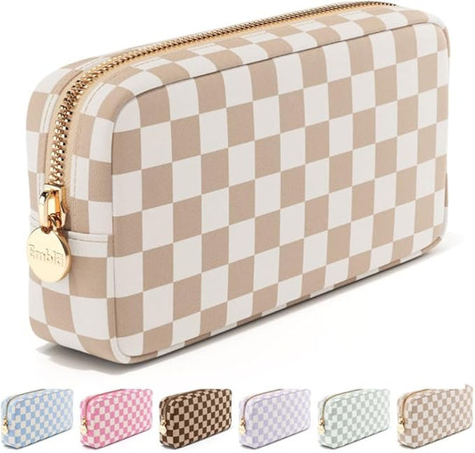 Embla Makeup Bag Travel Cosmetics Pouch and Toiletry Bag, Nylon Zipper Pouch Purse, Cute Make Up Organizer Storage Tote for Women Girls, Travel Skincare Case, Small Makeup Case, Sand Checkered