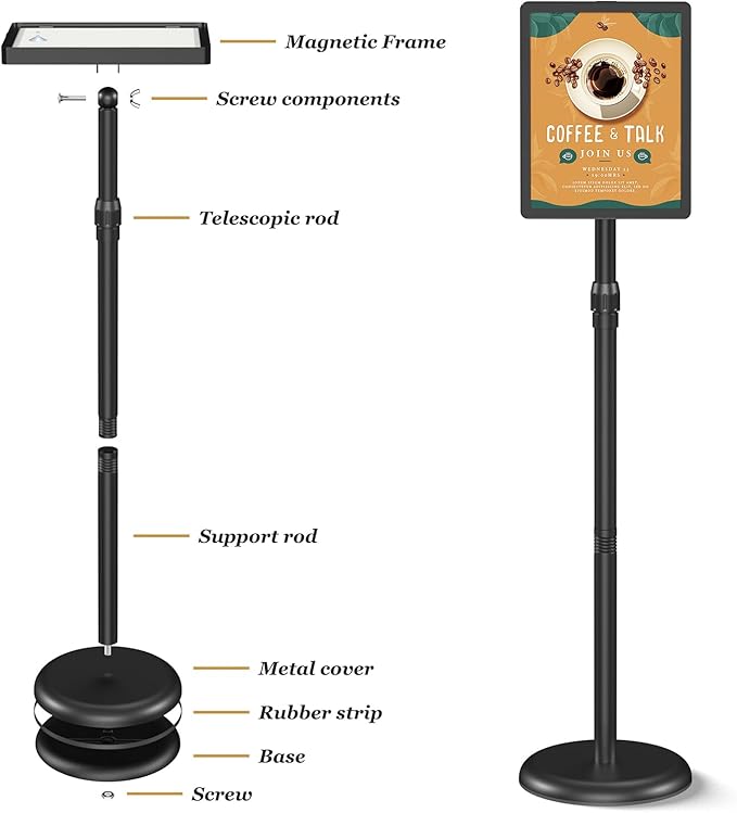 Sign Stand Sign Holder Stand 8.5 x 11 Inches Standing Sign Holder Adjustable Sign Stands for Display Snap-Open Frame 360° Rotating for Business, Outdoor Indoor Poster (Black)