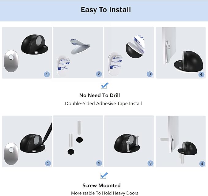 8 Pack Magnetic Door Stops Self Adhesive Floor Mounted Door Stoppers No Drill with Rubber Bumper, Stainless Steel Magnetic Door Catch Holder Keep Door Open, Black