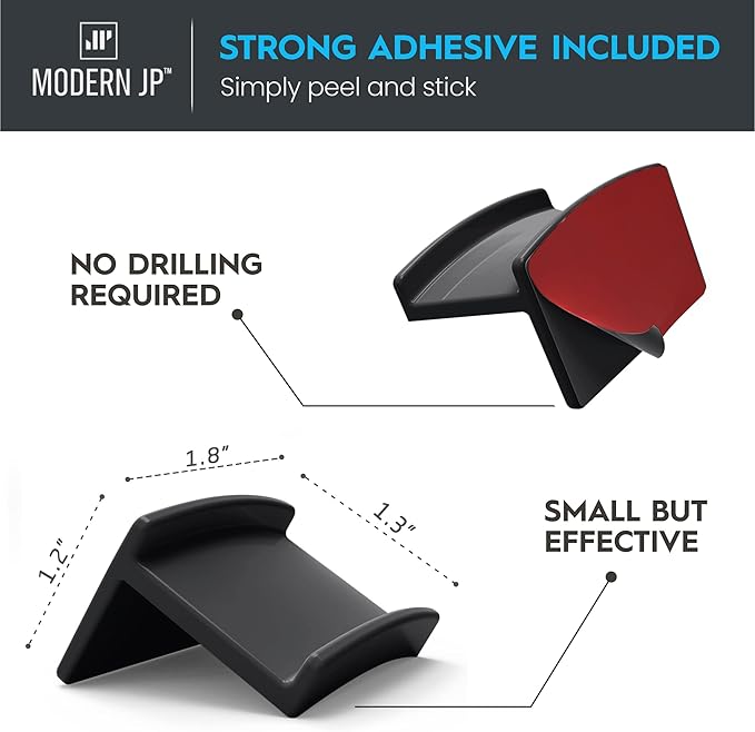 Modern JP Adhesive Hat Hooks for Wall (8-Pack) - Minimalist Hat Rack Design, No Drilling, Strong Hold Hat Hangers - USA Patented, Black