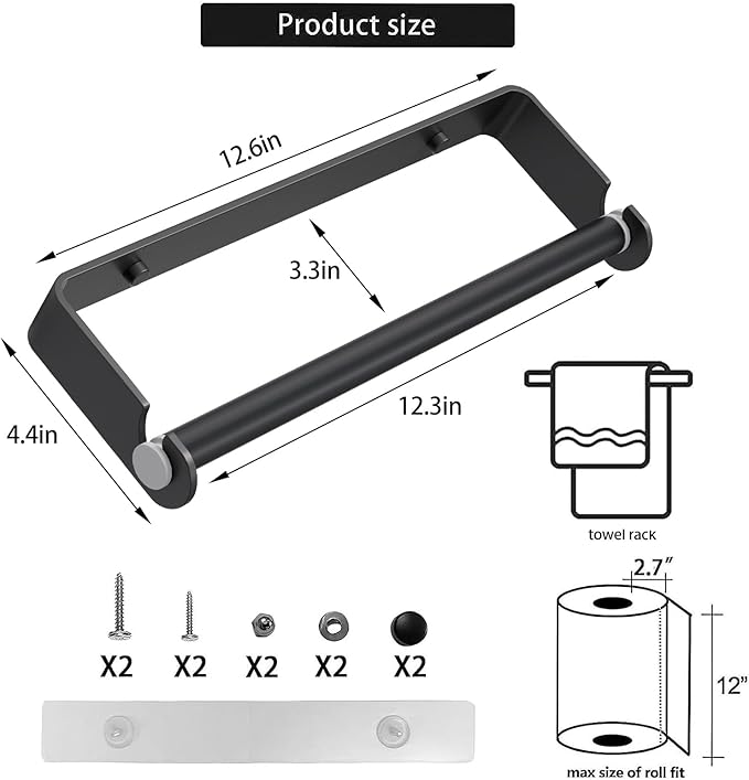 Aheucndg Paper Towel Holder for Kitchen, Wall Mount Paper Towel Holder, for Kitchen or Bathroom Self-Adhesive or Drill Mounting Paper Roll Holder Under Cabinet (Black 2Pack)