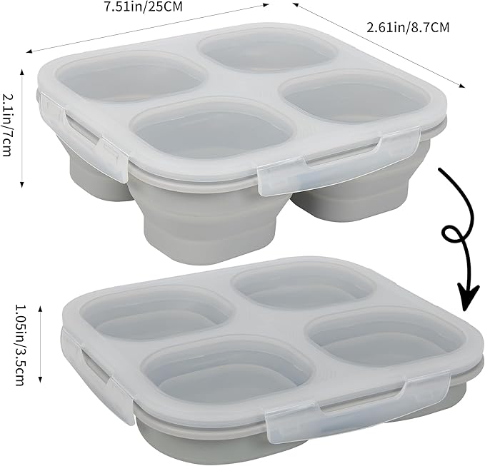 Collapsible Silicone Food Storage Container, 2PCS 4-Compartment Snack Containers Portion Control with Clip-on Lid, Stackable, Space Saving, Microwave/Fridge/Freezer/Dishwasher Safe (2)