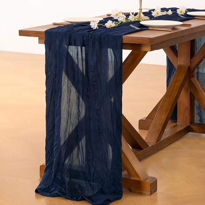 Socomi 6pcs Navy Blue Summer Cheesecloth Table Runner Boho Rustic Gauze 120 inch 10FT Cheese Cloth Sheer Runner for Wedding Party Baby Shower Birthday Home Decor Holiday Decorations