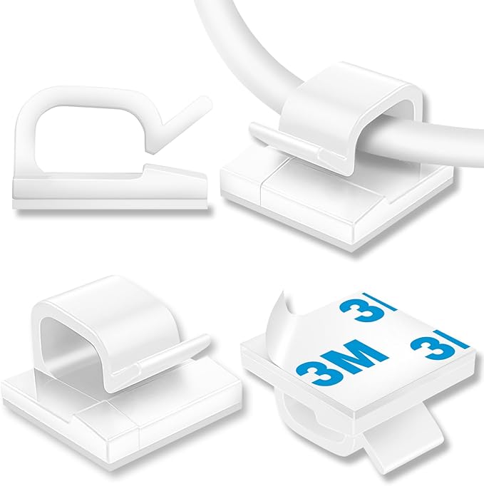 65 Pcs Cable Clips, Adhesive Cable Organizer Cord Holder Wire Clip Wire Management Self Adhesive Hooks Wire Holder for Office, Home (White, 65PCS-Large)