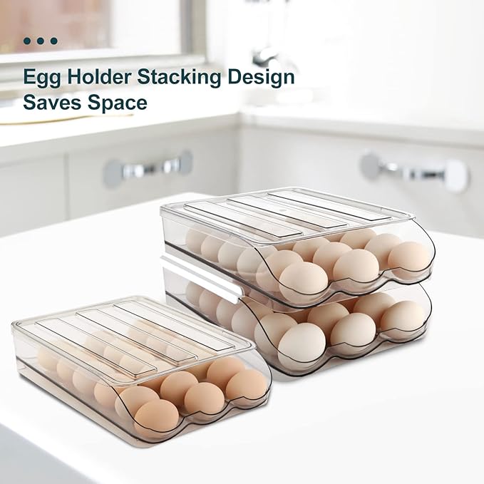 Egg Holder for Fridge, Automatically Rolling Egg Storage Container for Refrigerator, Egg Organizer for Fridge with Lid, Clear Plastic Dispenser, Tray & Box - 3 Layer