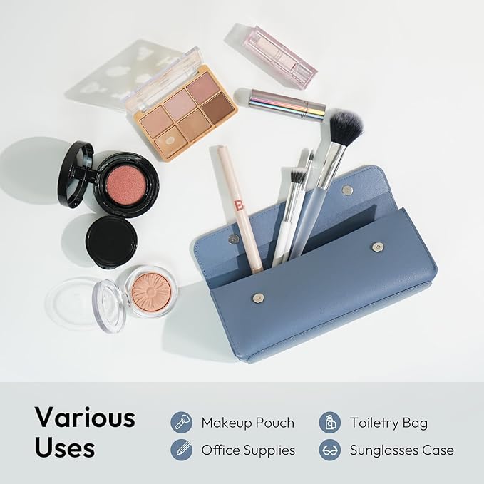 carrotez Stylish PU Leather Makeup Bag: Versatile Travel Toiletry Bag & Cosmetic Pouch, Small Makeup Organizer for Purse Essentials - Ideal Makeup Brush Holder & Sunglasses Case for Women - Soft Blue