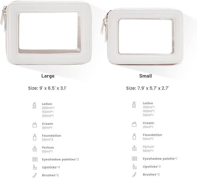 Aveniee Clear Makeup Bag Organizer Set, Portable Travel Toiletry Case for Women, Vegan Leather Cosmetic Pouch Carry Bag for Essentials, 2pcs, Middle & Large, Beige