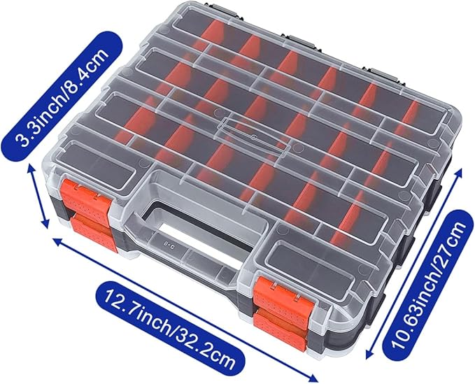 Tools Organizer Box Small Parts Storage Box 50-Compartment Double Side Hardware Organizers with Removable Plastic Dividers for Screws, Nuts, Nails, Bolts, Orange