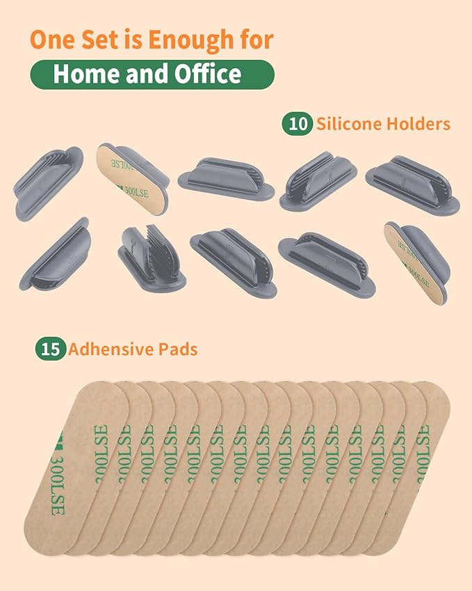Adhesive Pencil Holders for Desk Set of 10 - Silicone Pen Holder with 15 PCS Adhesive Pads - Flexible Pencil Holder for Office Essentials Accessories and Teacher Supplies - Grey