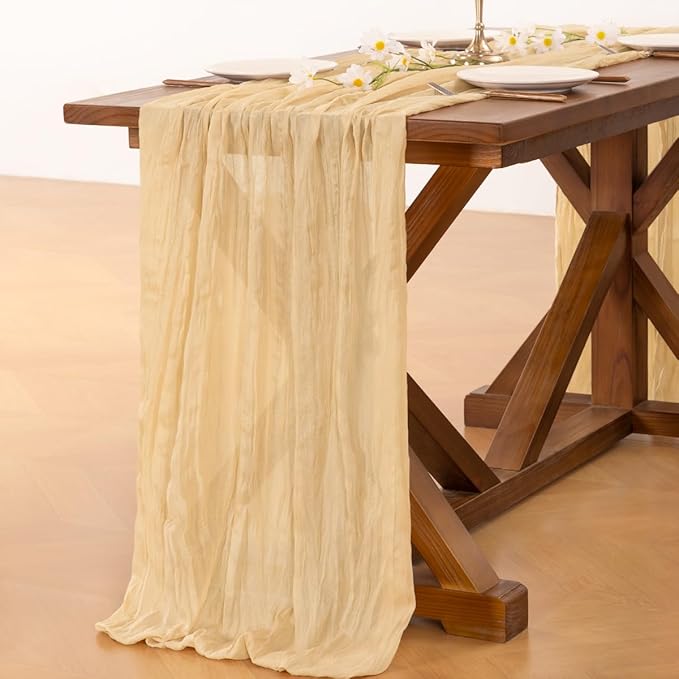 Socomi Gold Champagne Cheesecloth Table Runner Summer Boho Rustic Gauze 120 inch 10FT Cheese Cloth Sheer Runner for Wedding Party Baby Shower Birthday Home Decor Holiday Decorations