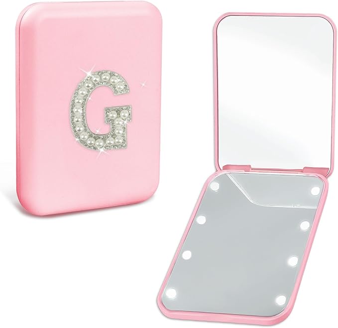 Travel Mirror with Lights Pink 1X/2X Magnification LED Compact Mirror, Portable Pocket Mirror Small Folding Handheld Makeup Mirror Birthday for Women Teen Girls (G)