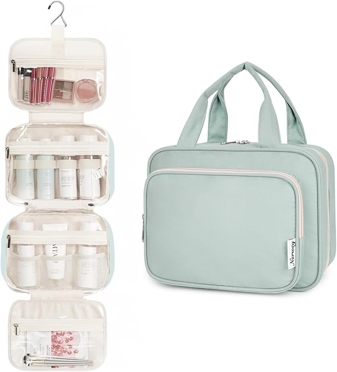 Narwey Hanging Toiletry Bag for Women Travel Makeup Bag Organizer Toiletries Bag for Travel Size Essentials Accessories Cosmetics (Mint Green (Medium))