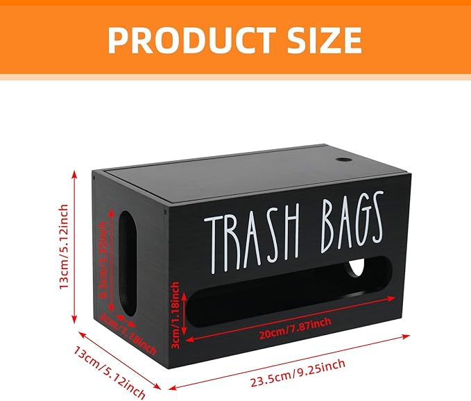 Trash Bag Dispenser, Wall Mounted, Small Wood Trash Bag Holder, used in kitchen, garage, laundry room, can store environmentally friendly food bags and garbage bags (Black/Small)
