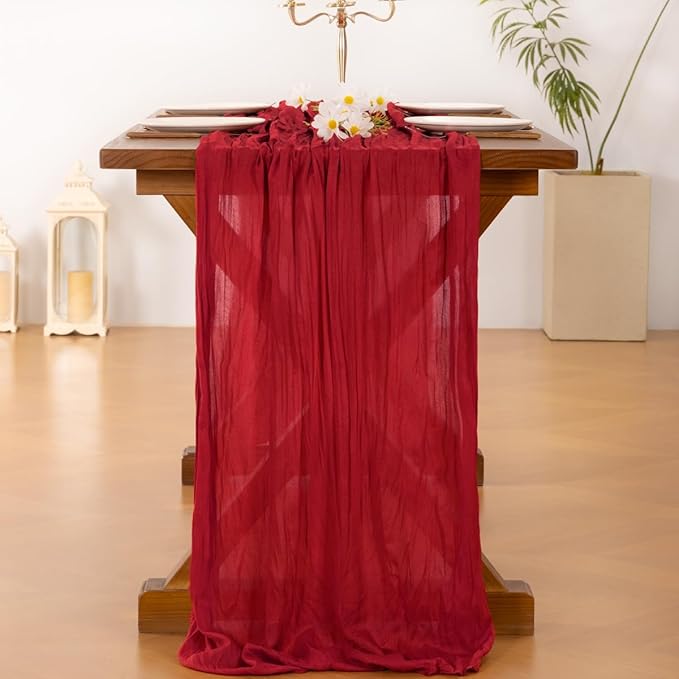 Socomi 10pcs Red Cheesecloth Table Runner Boho Rustic Gauze 120 inch 10FT Cheese Cloth Sheer Runner for Wedding Party Baby Shower Birthday Home Decor Holiday Decorations