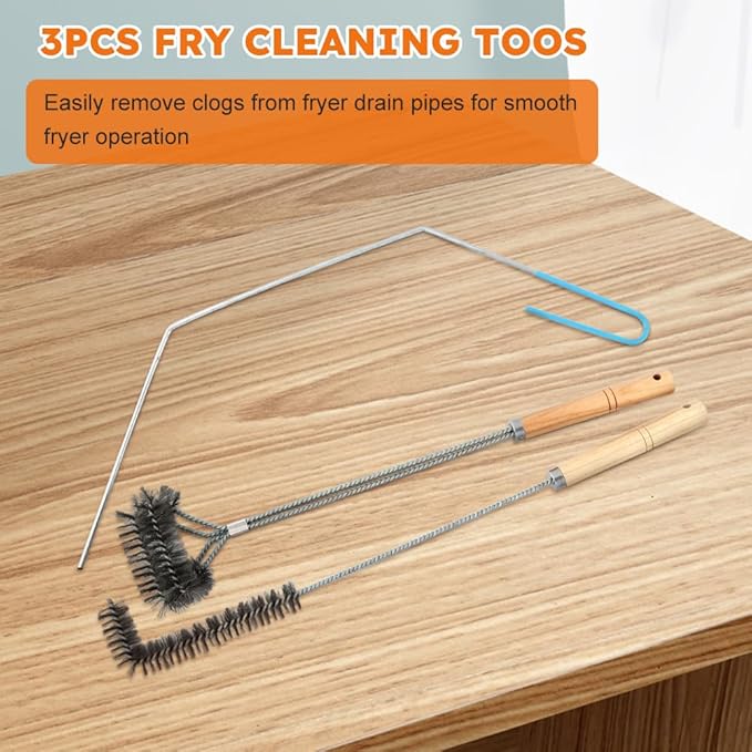 3PCS Brass Bristles Fryer Cleaning Tools L Shaped Fryer Cleaning Brush Long Handle Fryer Basket Cleaning Brush,Deep Fryer Cleanout Rod,Bristles for Grill BBQ Cleaning