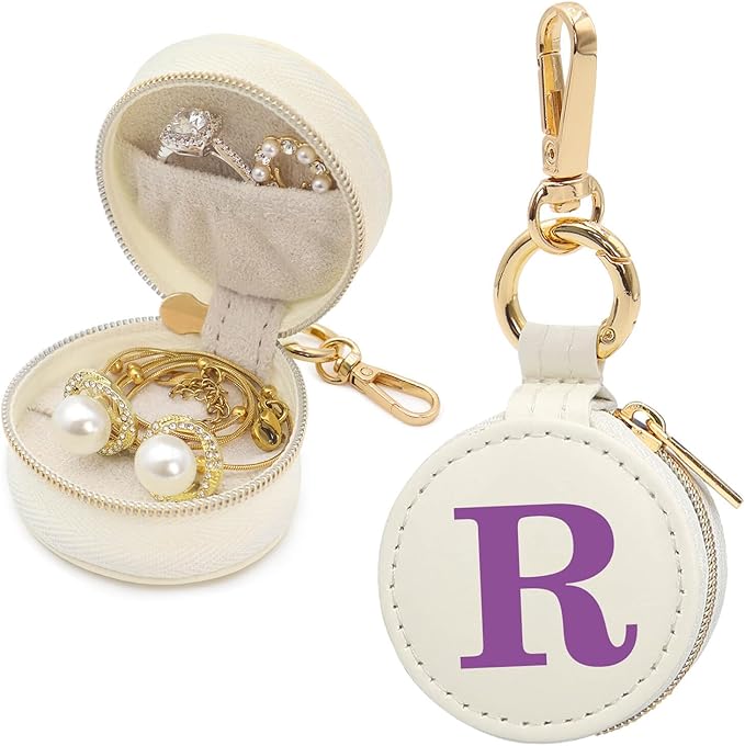 Mini Initial Travel Jewelry Case Ring Holder, Beige Faux Leather Small Jewelry Organizer Box Gifts for Women Girls Nurse Teacher, Gym Travel Accessories Keychain Pouch for Earrings Rings Necklace R