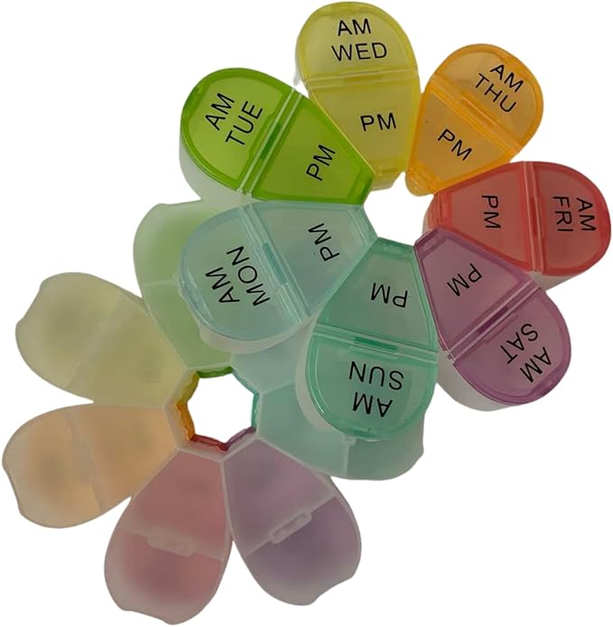 7-Day AM/PM Pill Organizer - Floral Shaped Weekly Medication Box with 7 Color-Coded Compartments, Compact & Portable for Travel, Home Use (Single Pack)