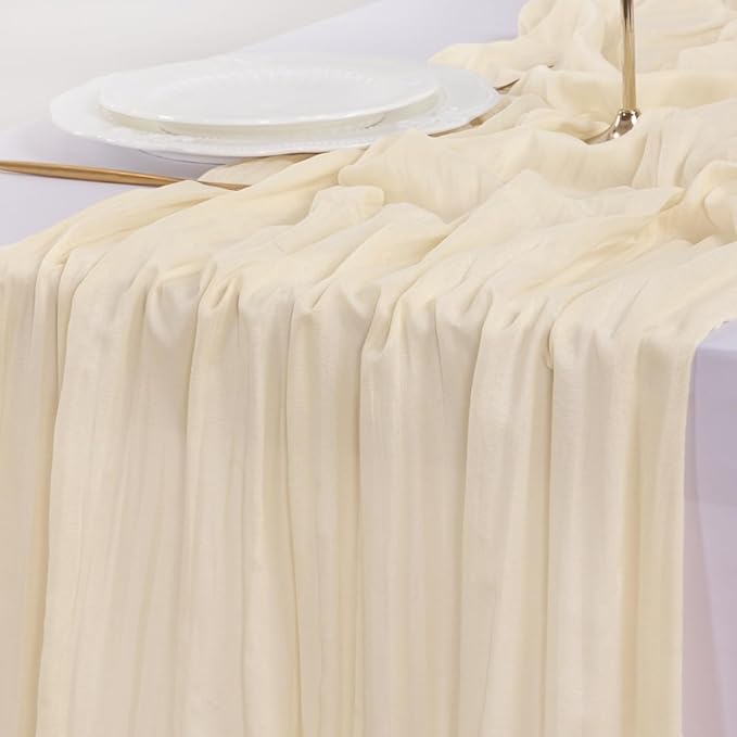 Socomi 10pcs Beige Summer Cheesecloth Table Runner Boho Rustic Gauze 120 inch 10FT Cheese Cloth Sheer Runner for Wedding Party Baby Shower Birthday Home Decor Holiday Decorations