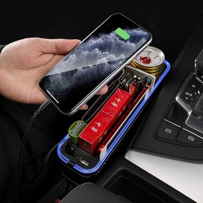 Tumecos Car Seat Gap Organizer with Light, Multifunctional, with Small Cup Holder, Storage Box, Car Seat Organizer, Car Seat Gap Filler with 2 USB Super Fast Charge Ports (Black, Passenger's Side)