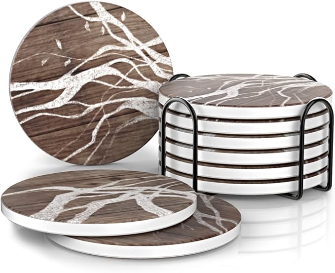 UMIRRO Ceramic Coasters for Wooden Table, Absorbent Drink Coasters with Holder for Tabletop Protection, Rustic Country Farmhouse Coasters w/Brown Wood Texture for Cups & Glasses, Coffee Bar Accessory