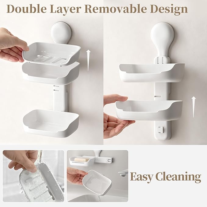 Double Soap Holder, Strong Hold Suction Cup Soap Dish, No Drill Double Layer Tray for Sponge and Bath Essentials, Wall Mount Organizer for Bathroom & Kitchen Sink, White