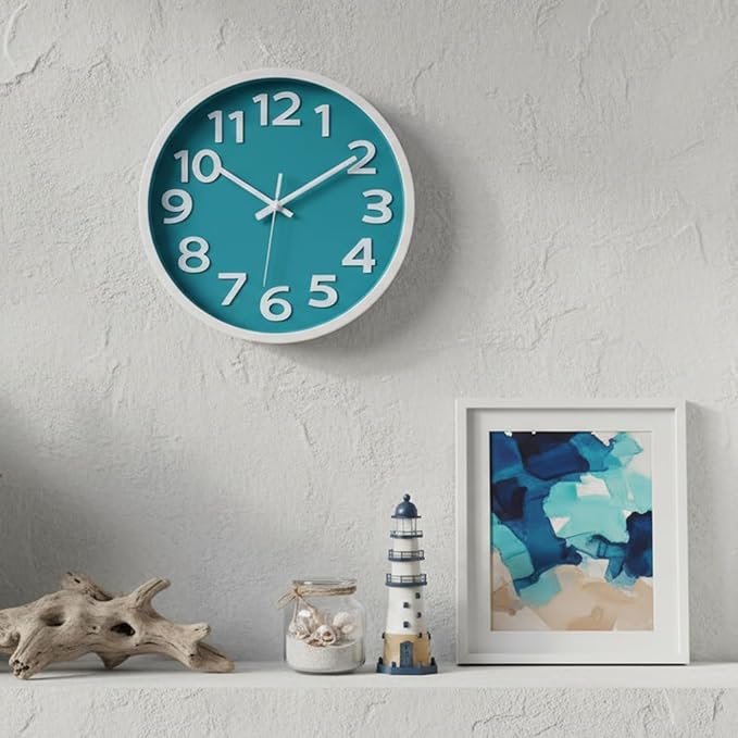 10 Inch Silent Wall Clock with Big Numbers – Aqua Coastal Decor for Kitchen, Bathroom, Bedroom – Easy-to-Read Non-Ticking Modern Analog Clock