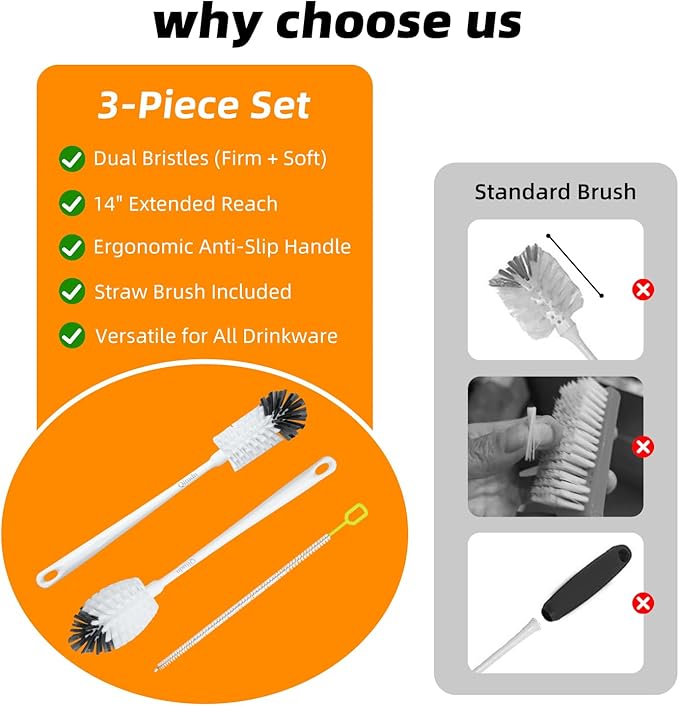 2 Pack 14 Inch Bottle Brush & 12 Inch Straw Brush Cleaner Set - Heavy Duty Kitchen Bottle Brushes for Cleaning Water Bottles, Baby Bottles, Mugs, Sippy Cups & Tumblers, Lab Use