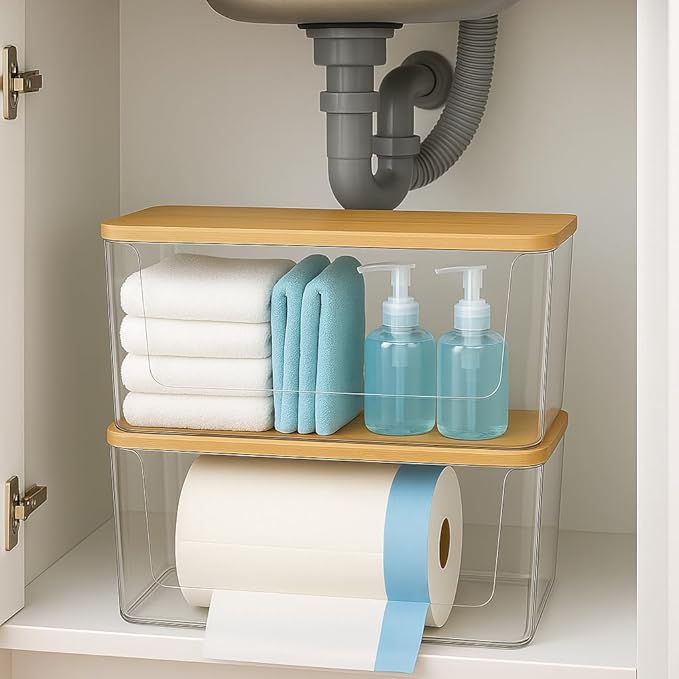 2 Pack Trash Bag Holder with Bamboo Lid - Stackable Under Sink Organizer & Garbage Bag Dispenser for Kitchen Organization - Large Plastic Holder for Laundry Room, Pantry, Bathroom, Cabinets