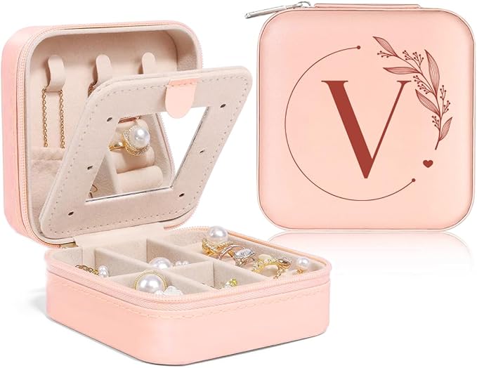 SANDJEST Personalized Jewelry Box, Pink Small Travel Jewelry Box with Initial V, Monogrammed Jewelry Case Organizer for Girls Women Teen, Mini Travel Essentials Gifts for Christmas Birthday